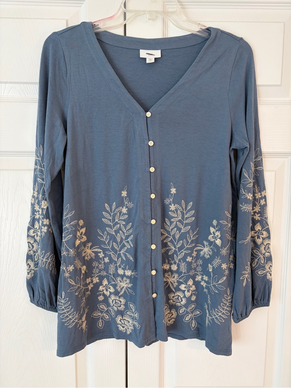 J.Jill Blue Flower Embroidered Cotton Button Up Tunic Blouse Shirt Size PXS